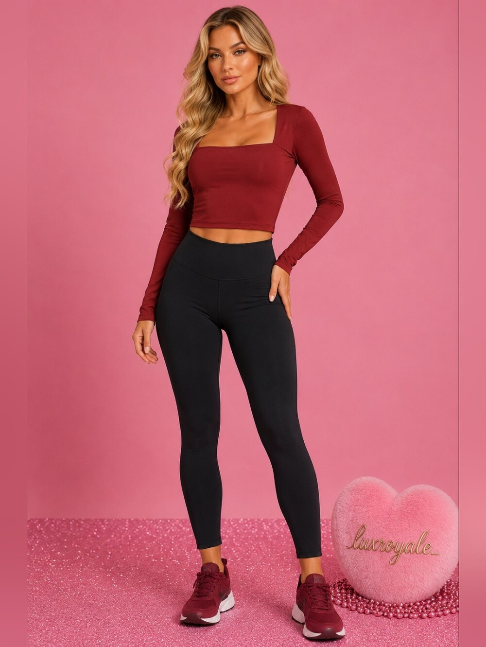 Chic Burgundy Long Sleeve Square Neck Crop Top| Burgendy DryFit Athleisure Top |